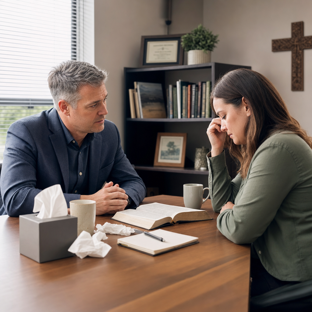 A pastor compassionately counsels a distressed woman in a church office.