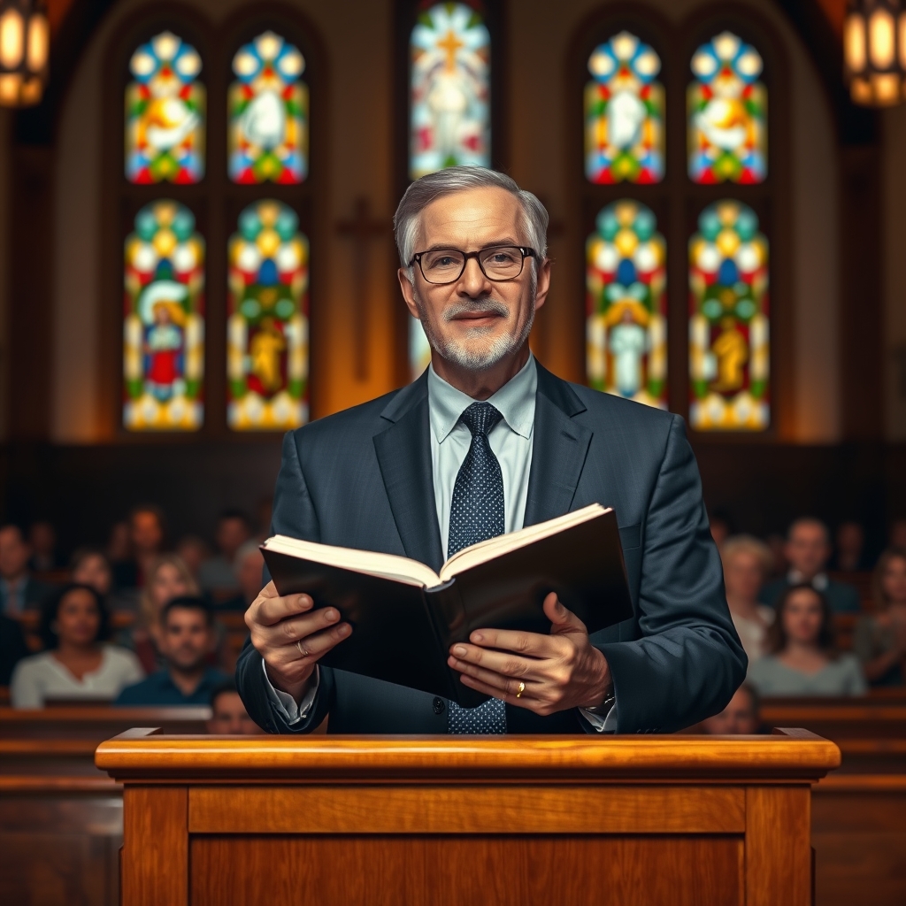 A pastor in a dark suit holding an open Bible at a wooden pulpit in a warmly lit church sanctuary, with stained glass windows in the background.