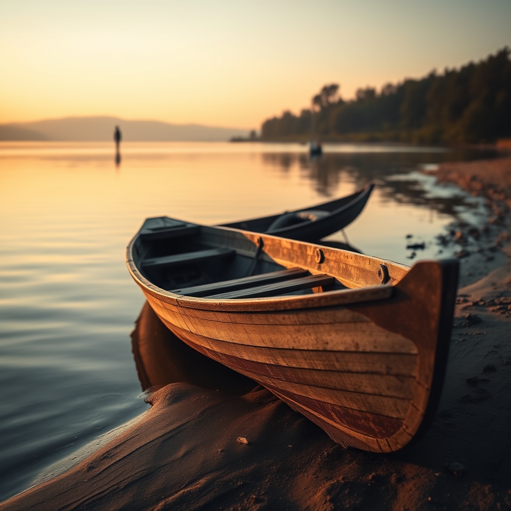 A peaceful lakeside scene at golden hour with a wooden boat near the shore and a solitary figure standing by the water, symbolizing the moment Jesus spoke to His disciples.