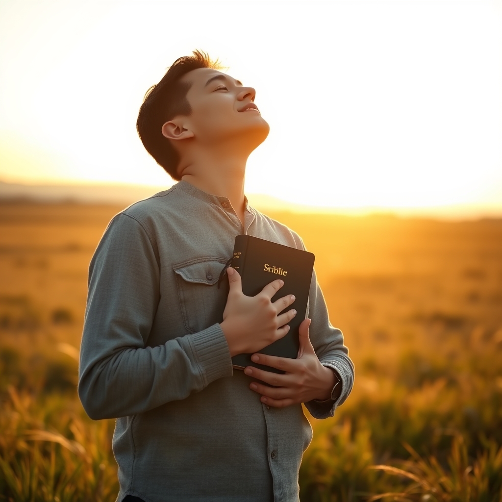 A person holding a closed Bible in a sunlit field at golden hour, with a peaceful expression and a vast landscape in the background.