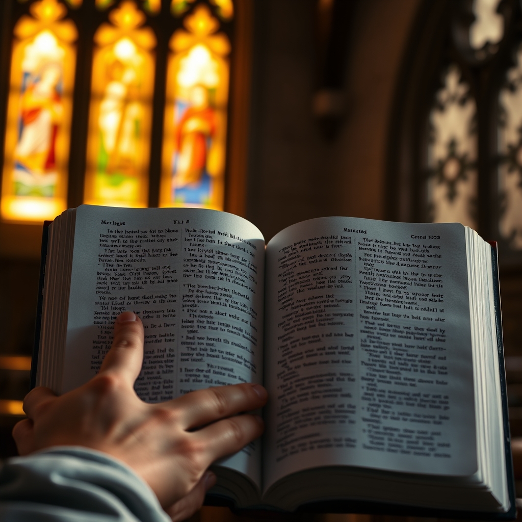 A person holding an open Bible with soft light and a stained glass window background, symbolizing reflection on the message of John 11.