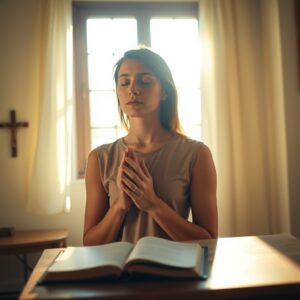A person in quiet prayer with hands clasped, soft natural light, Bible and cross nearby, conveying reverence and spiritual surrender
