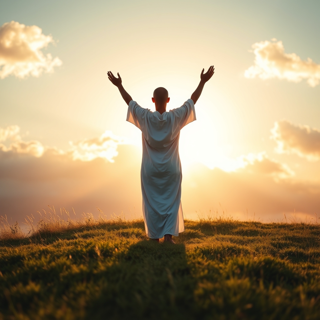A person in white robes standing on a hilltop with arms raised toward a radiant golden sky at sunset, evoking a sense of ascension and divine peace.