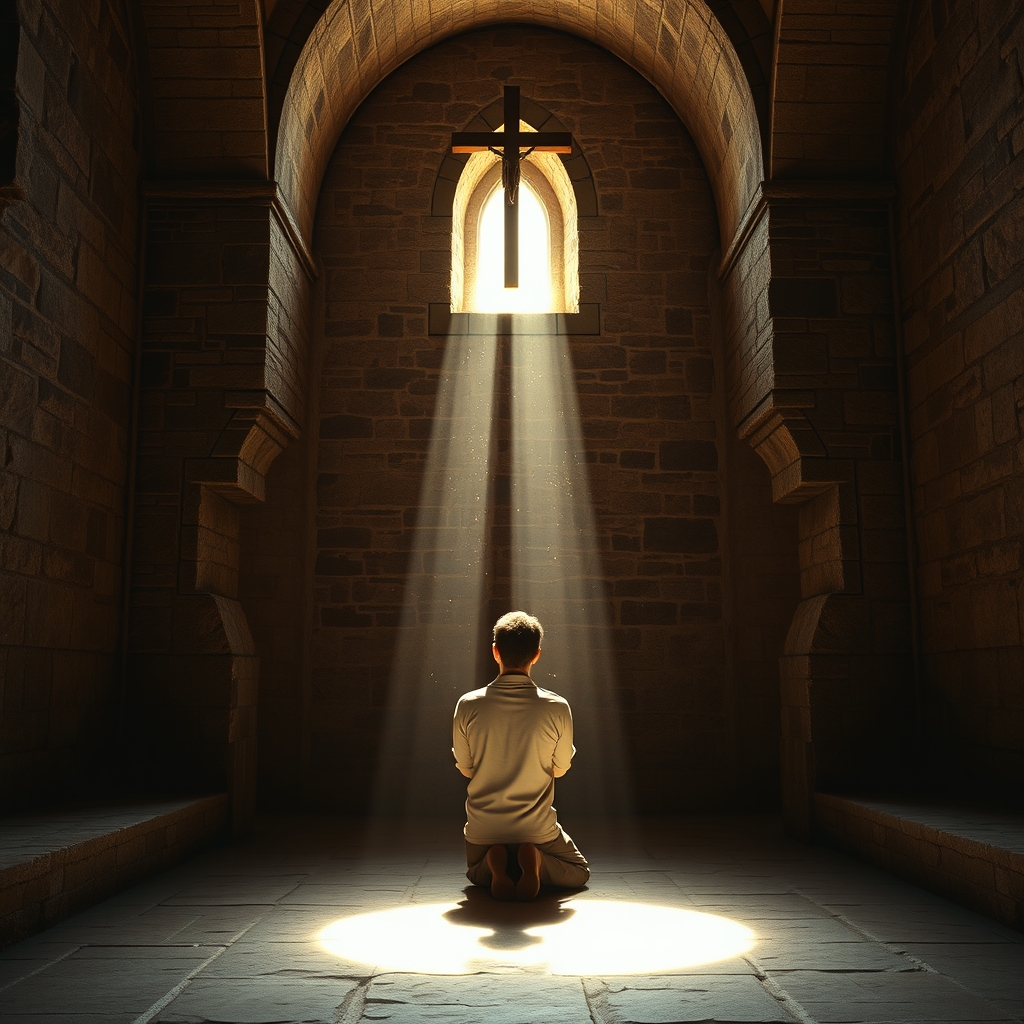 A person kneeling in prayer inside a peaceful stone chapel with light streaming through an arched window, illustrating the significance of Christ's victory over death.