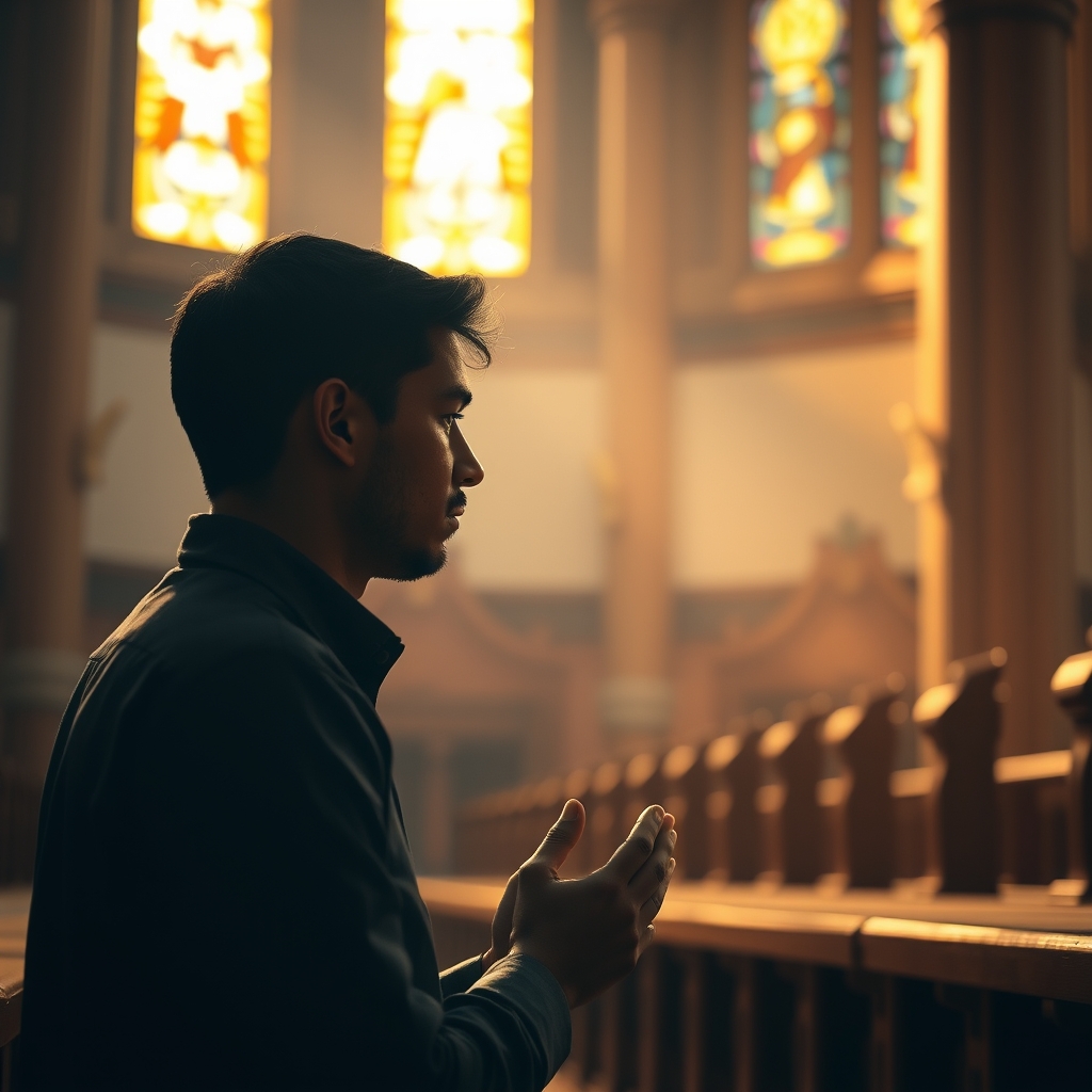 A person kneeling in prayer inside a warmly lit church with stained glass windows.