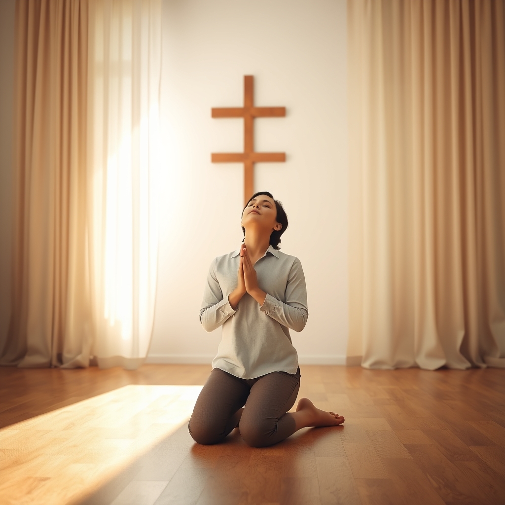 A person kneeling in quiet prayer in a softly lit room with a simple wooden cross on the wall, conveying peace and devotion.
