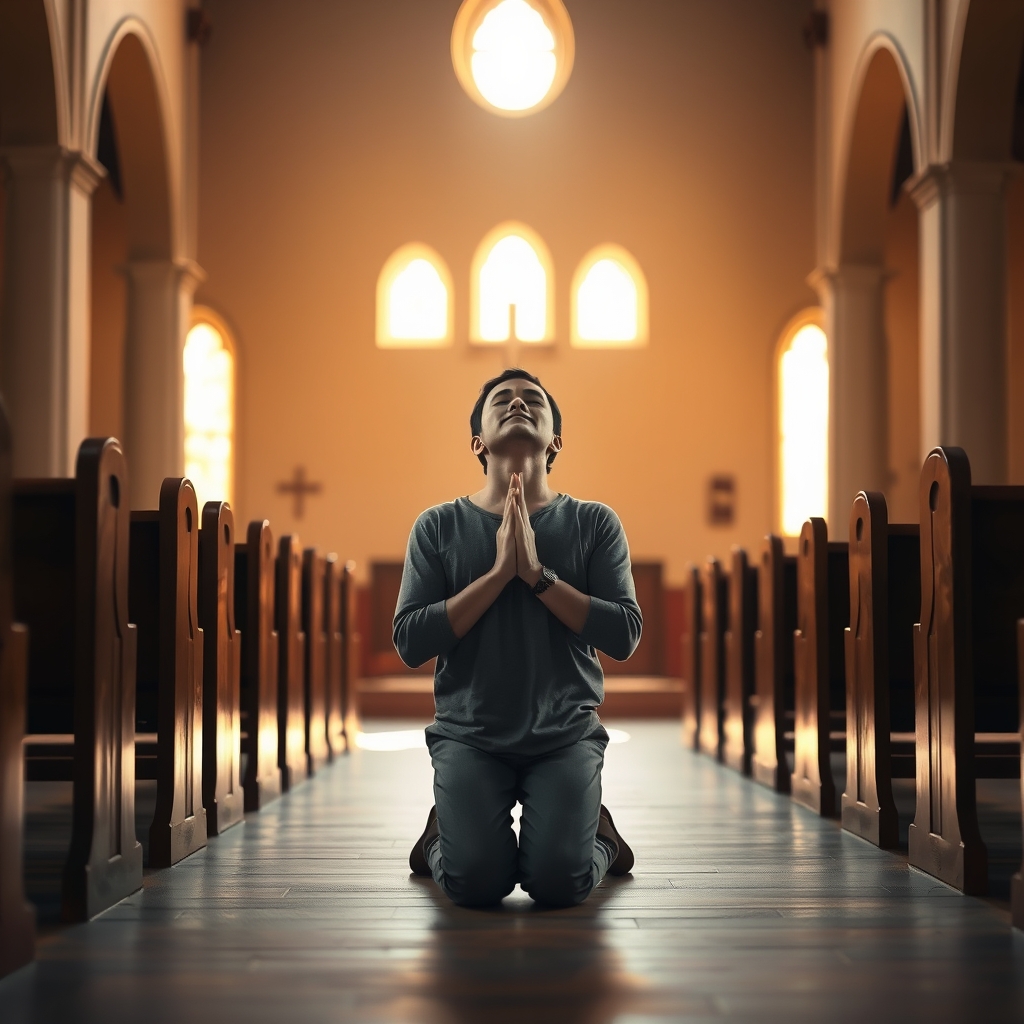 A person kneeling in quiet prayer in a softly lit chapel, embodying a humble and reverent posture of sitting at the feet of Jesus