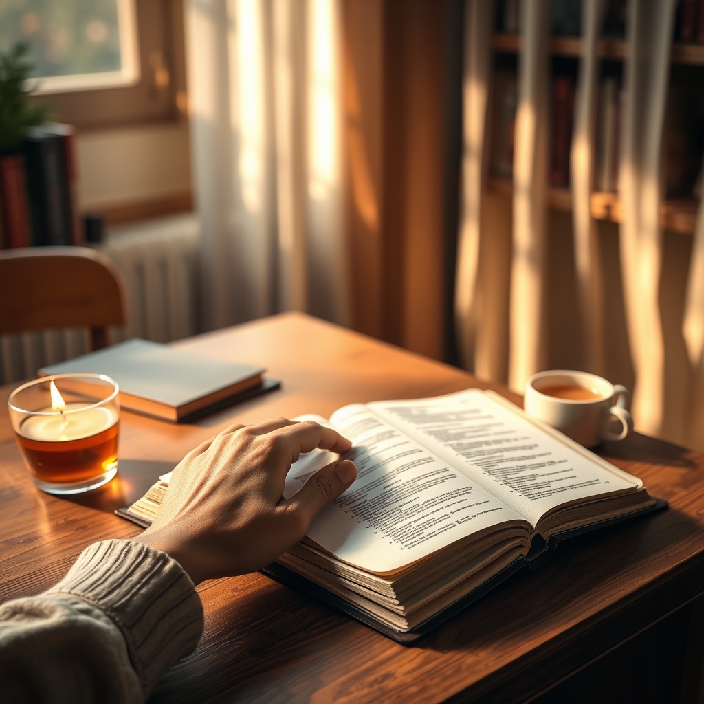 A person's hands resting on an open Bible on a wooden desk with a lit candle and morning light, conveying prayer and spiritual study.
