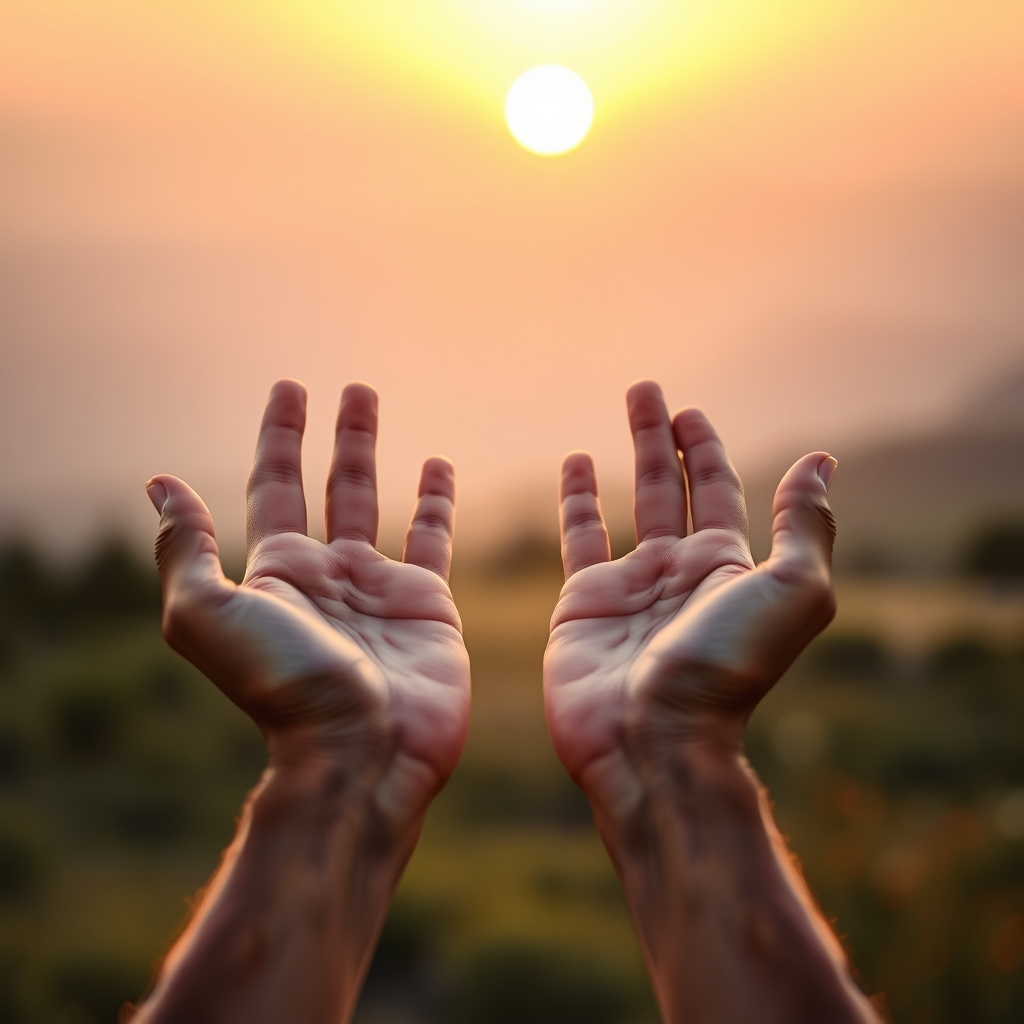 A person's open hands in prayer at sunrise, symbolizing new life and hope.