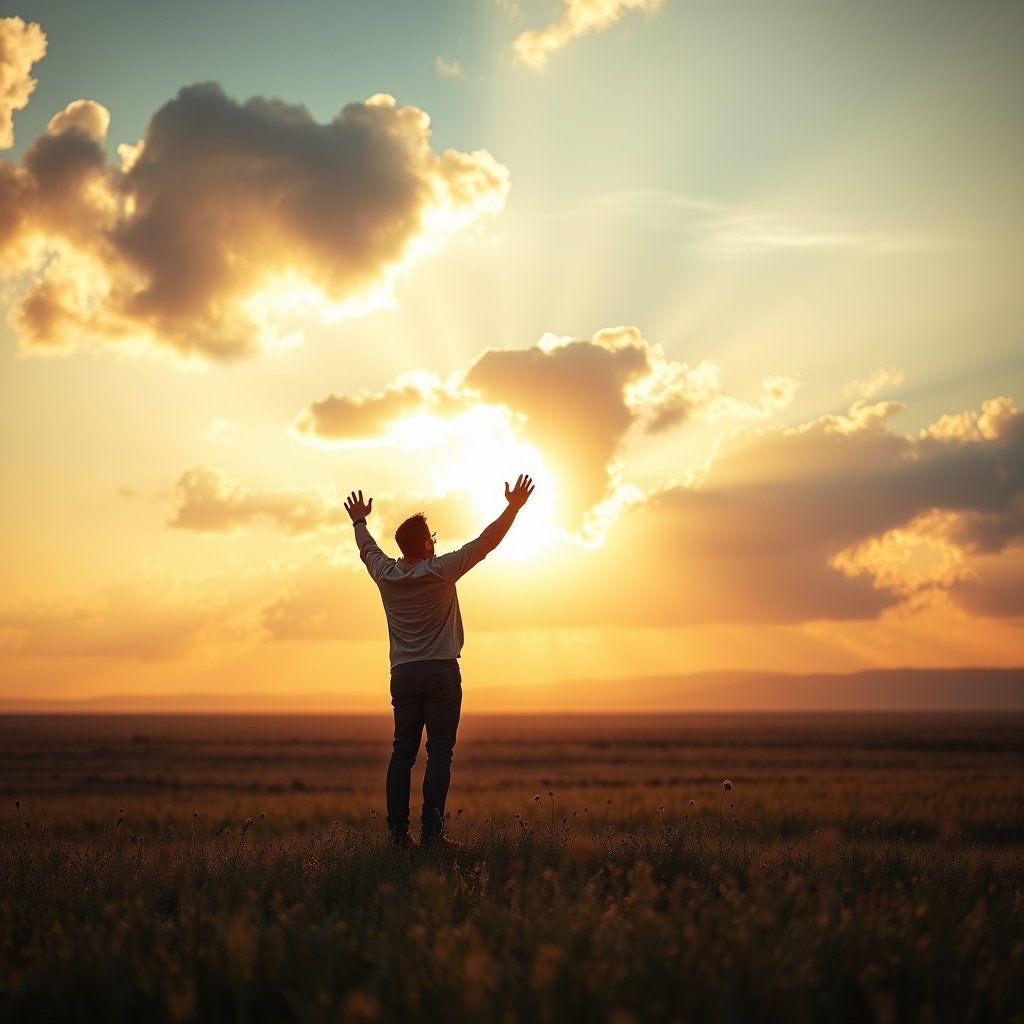 A person standing in a vast landscape at sunrise with arms raised in worship as golden light breaks through clouds
