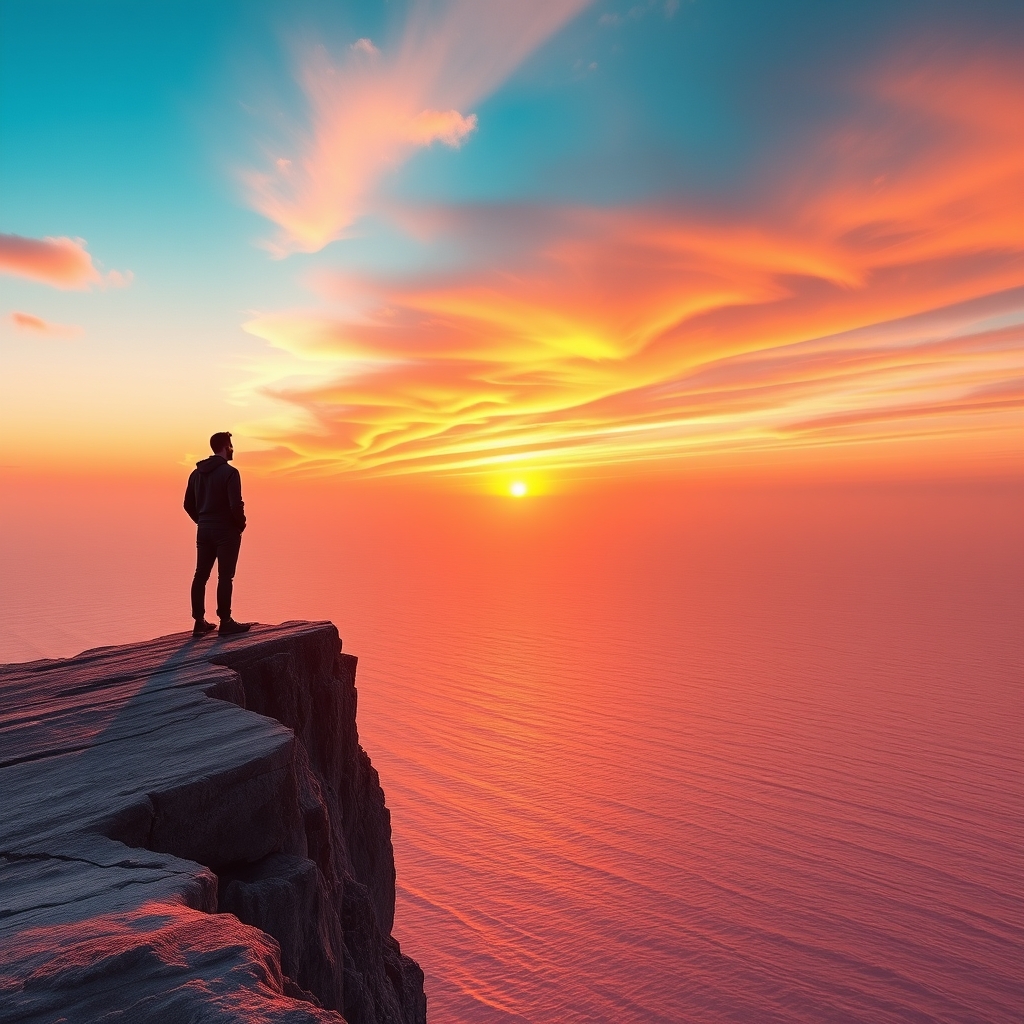A person standing on a cliff overlooking a sunrise over the ocean, symbolizing hope and faith.