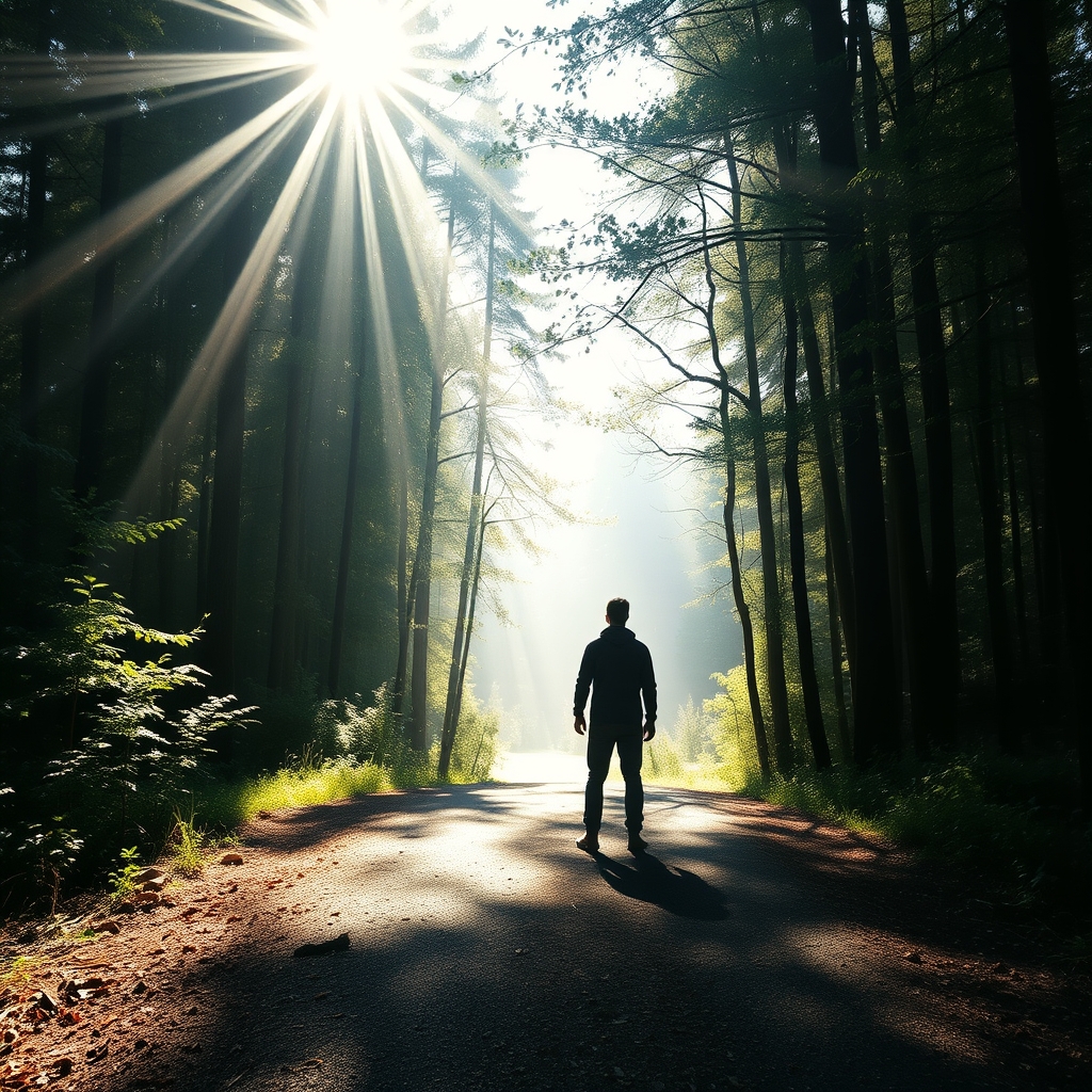 A person standing on a sunlit forest path surrounded by trees with rays of light breaking through.