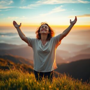 A person stands on a mountain ridge at golden hour sunrise, arms slightly raised in reverent worship, bathed in warm light with a peaceful expression, overlooking misty valleys below — symbolizing surrender, devotion, and living for Jesus.