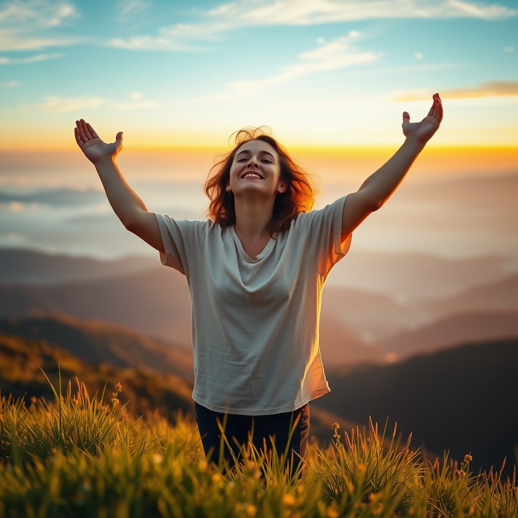 A person stands on a mountain ridge at golden hour sunrise, arms slightly raised in reverent worship, bathed in warm light with a peaceful expression, overlooking misty valleys below — symbolizing surrender, devotion, and living for Jesus.