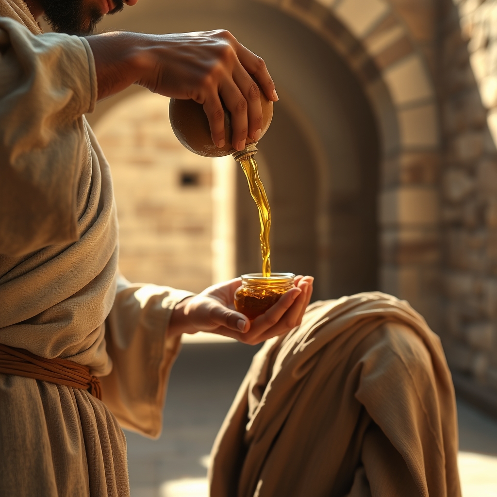 A photorealistic close-up of a prophet anointing a man with oil in a sunlit ancient courtyard, symbolizing Jehu's divine commissioning.