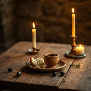 A photorealistic close-up of a rustic wooden table with torn bread, a cup of red wine, and olives, softly lit by candlelight in a warm, reverent atmosphere symbolizing the Last Supper.