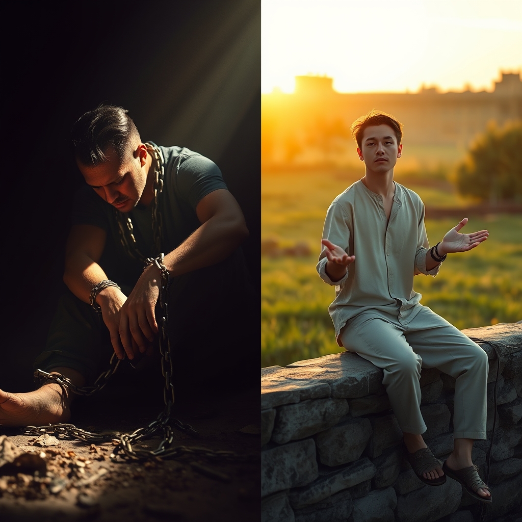 A photorealistic composite portrait illustrating transformation: on the left a man in dark, cold, shadowy surroundings broken chains on the ground; on the right the same man illuminated in warm golden sunlight, peaceful and composed in a lush meadow.