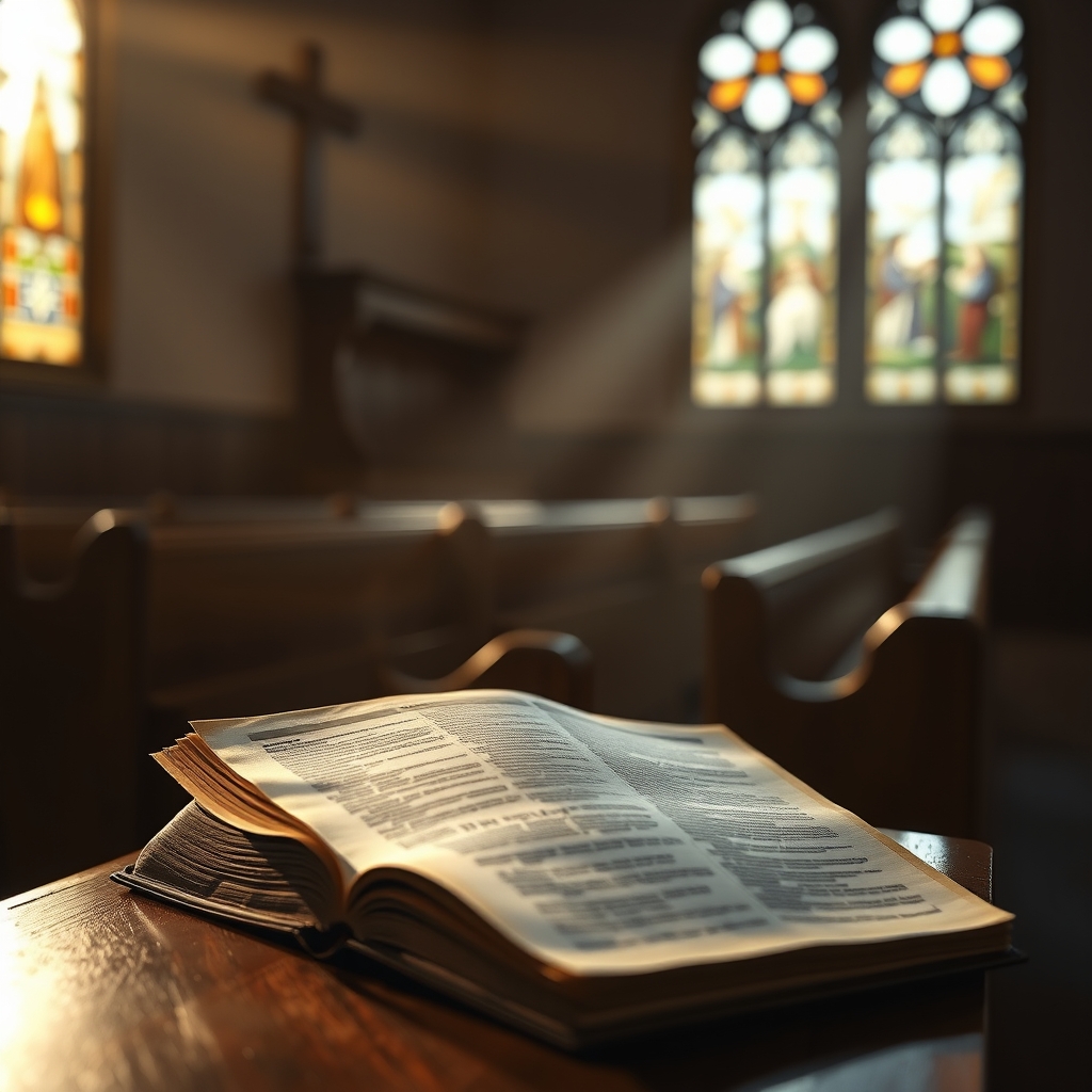 A photorealistic conceptual image of an ancient Bible on a wooden pew in a dimly lit chapel, with warm golden light streaming through stained glass — representing the truth and uniqueness of Jesus Christ.