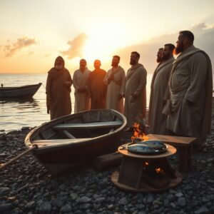 A photorealistic early morning scene on the shore of Galilee at sunrise, with a small charcoal fire, fish and bread on a wooden table, and robed men standing near a weathered fishing boat, bathed in warm golden light, evoking the moment Jesus appeared to His disciples after the resurrection.