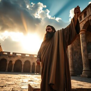 A photorealistic editorial-style image of a bearded man in ancient robes standing resolutely on a sunlit stone platform holding a scroll, with dramatic golden light breaking through clouds behind him, evoking a sense of divine mission and solemn authority in a biblical setting.