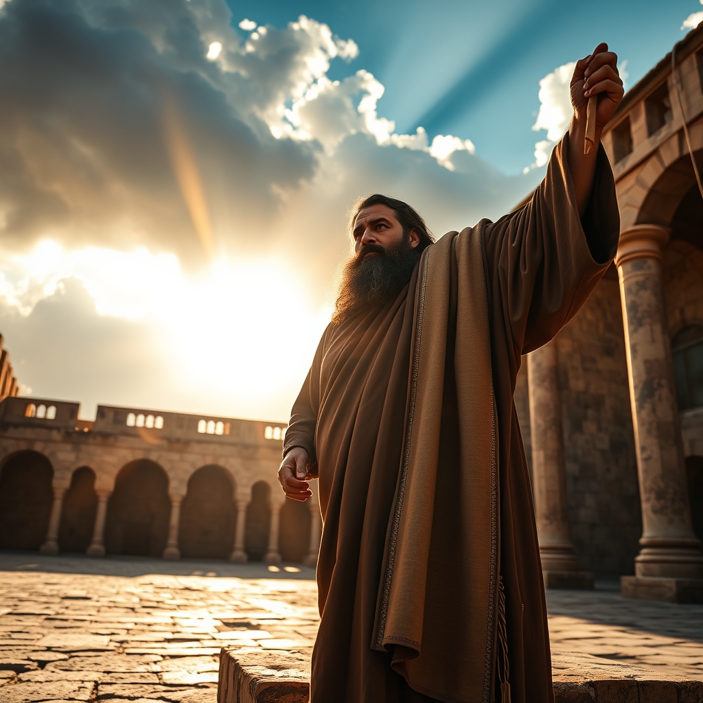 A photorealistic editorial-style image of a bearded man in ancient robes standing resolutely on a sunlit stone platform holding a scroll, with dramatic golden light breaking through clouds behind him, evoking a sense of divine mission and solemn authority in a biblical setting.