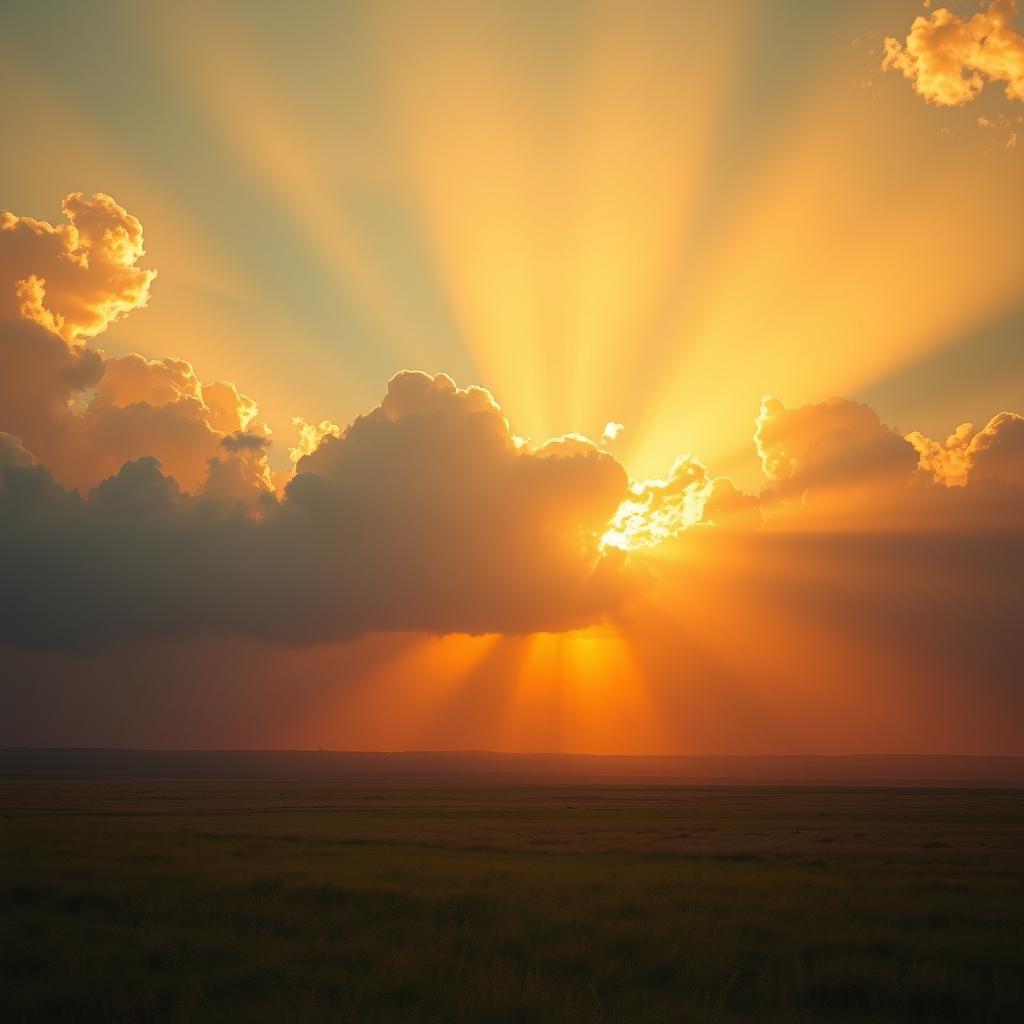 A photorealistic golden sunrise breaking through dramatic clouds with warm heavenly light streaming down over a vast landscape, evoking divine presence and hope.