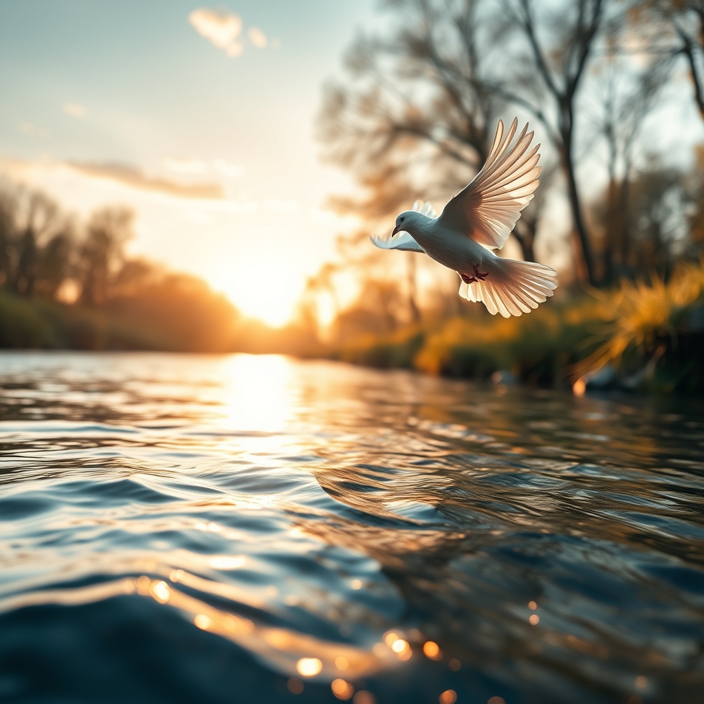 A photorealistic image of a calm riverside at golden hour with a white dove flying above representing spiritual rebirth and the concept of being born of water and spirit.