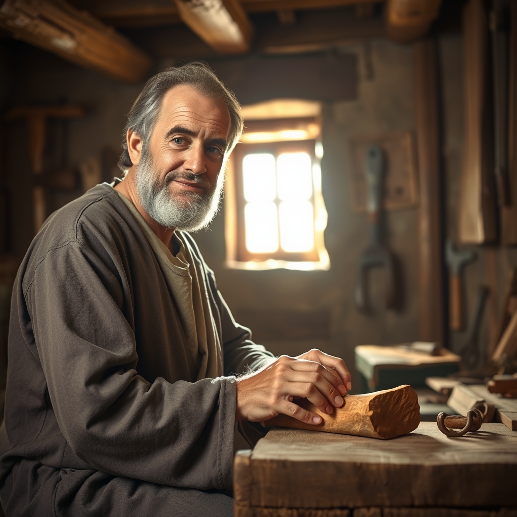 A photorealistic image of a carpenter's workshop in ancient Nazareth, with wooden beams and tools on the walls, and a man carving wood.