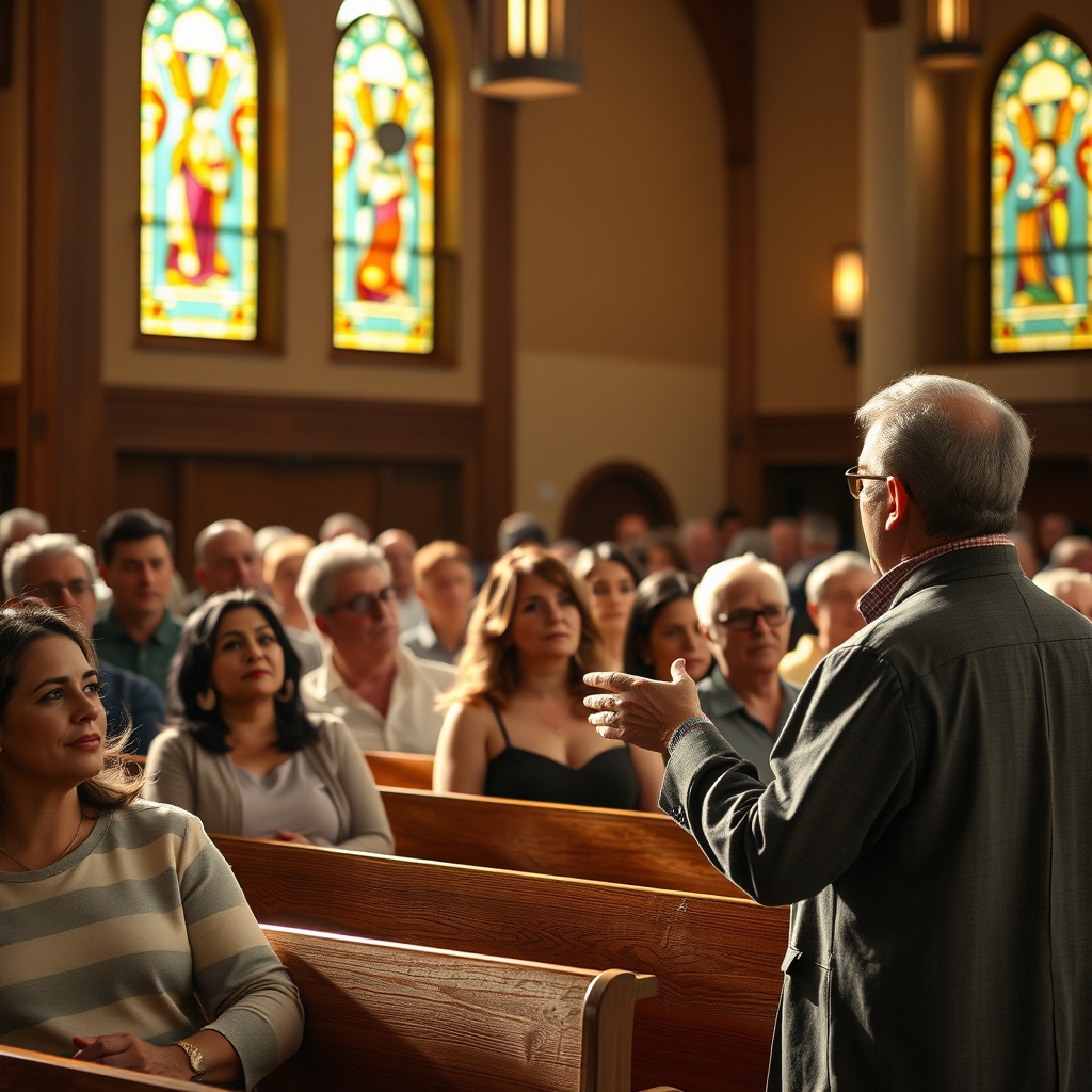 A photorealistic image of a church interior with congregants in prayer and a pastor speaking, bathed in soft, warm light.