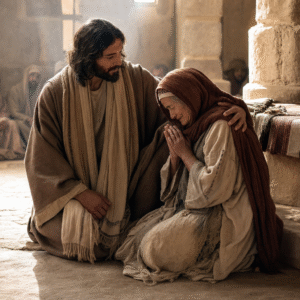 A photorealistic image of a compassionate bearded man in ancient robes gently touching the shoulder of a humble elderly woman bent in prayer inside a warm, softly lit stone synagogue, evoking a moment of divine healing and mercy.