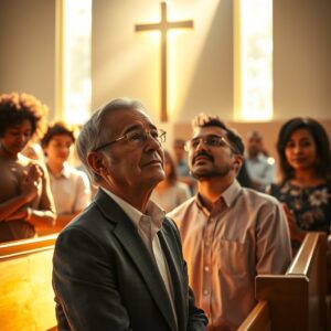 A photorealistic image of a compassionate moment in a church, where a pastor is kneeling beside a man who appears to be experiencing a moment of profound spiritual healing and connection, bathed in warm, golden sunlight.