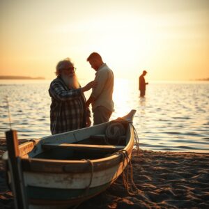 A photorealistic image of a compassionate older man placing his hand on a younger man's shoulder on a peaceful lakeside at golden hour, symbolizing Jesus restoring Peter with the call to 'Feed My Sheep' from John 21:15-19