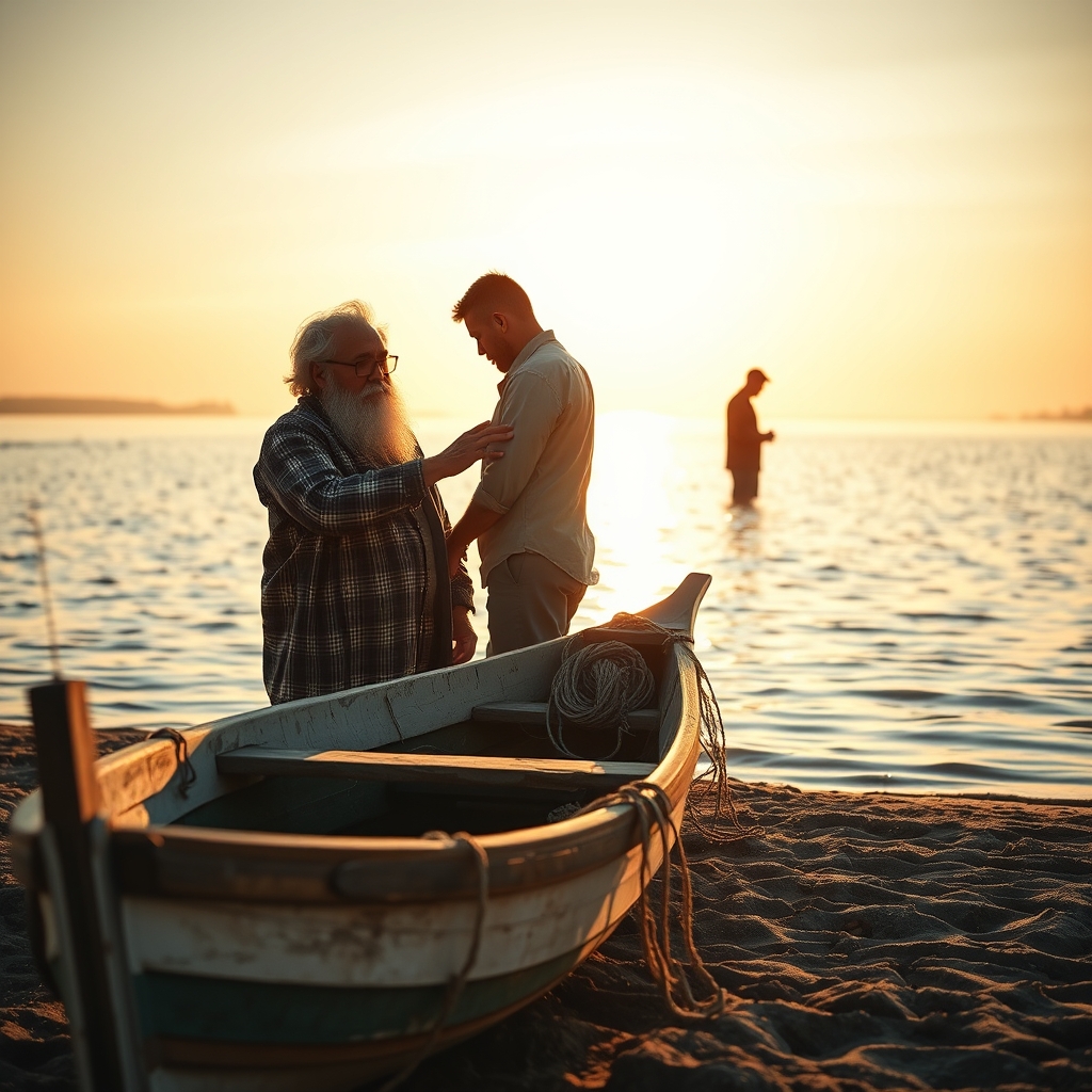 A photorealistic image of a compassionate older man placing his hand on a younger man's shoulder on a peaceful lakeside at golden hour, symbolizing Jesus restoring Peter with the call to 'Feed My Sheep' from John 21:15-19
