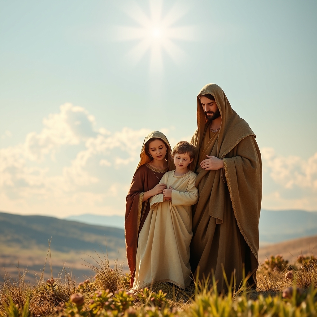 A photorealistic image of a family of three standing together in a serene landscape, with a soft golden light illuminating them.