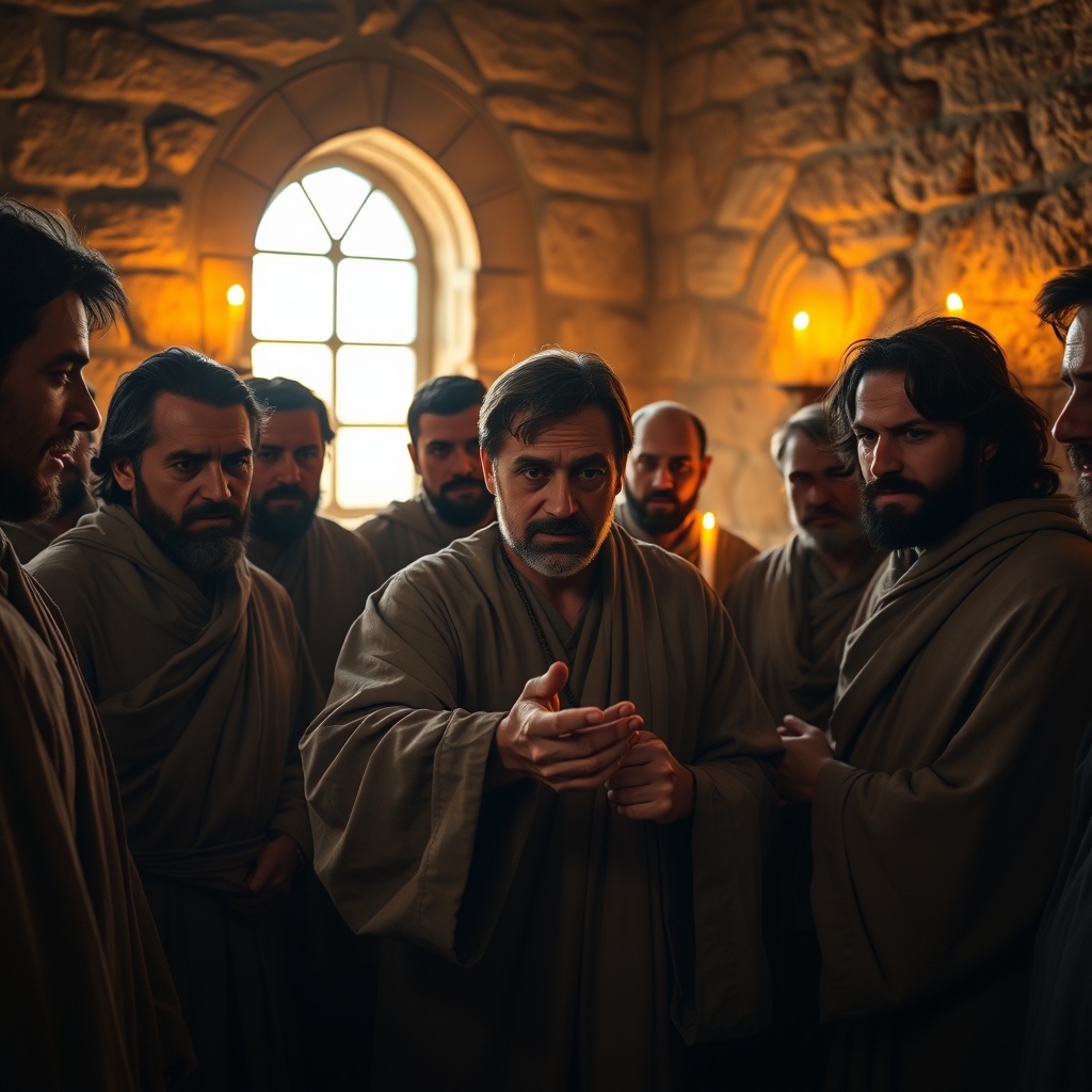 A photorealistic image of a group of men in ancient robes gathered in a stone room, with one man gently touching another's hand, bathed in warm candlelight.