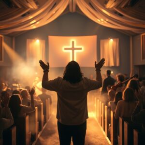 A photorealistic image of a lead singer in heartfelt worship at a contemporary church, golden evening light, raising hands and eyes closed in prayer, with worship band, congregation, and a cross backdrop visible in the sanctuary