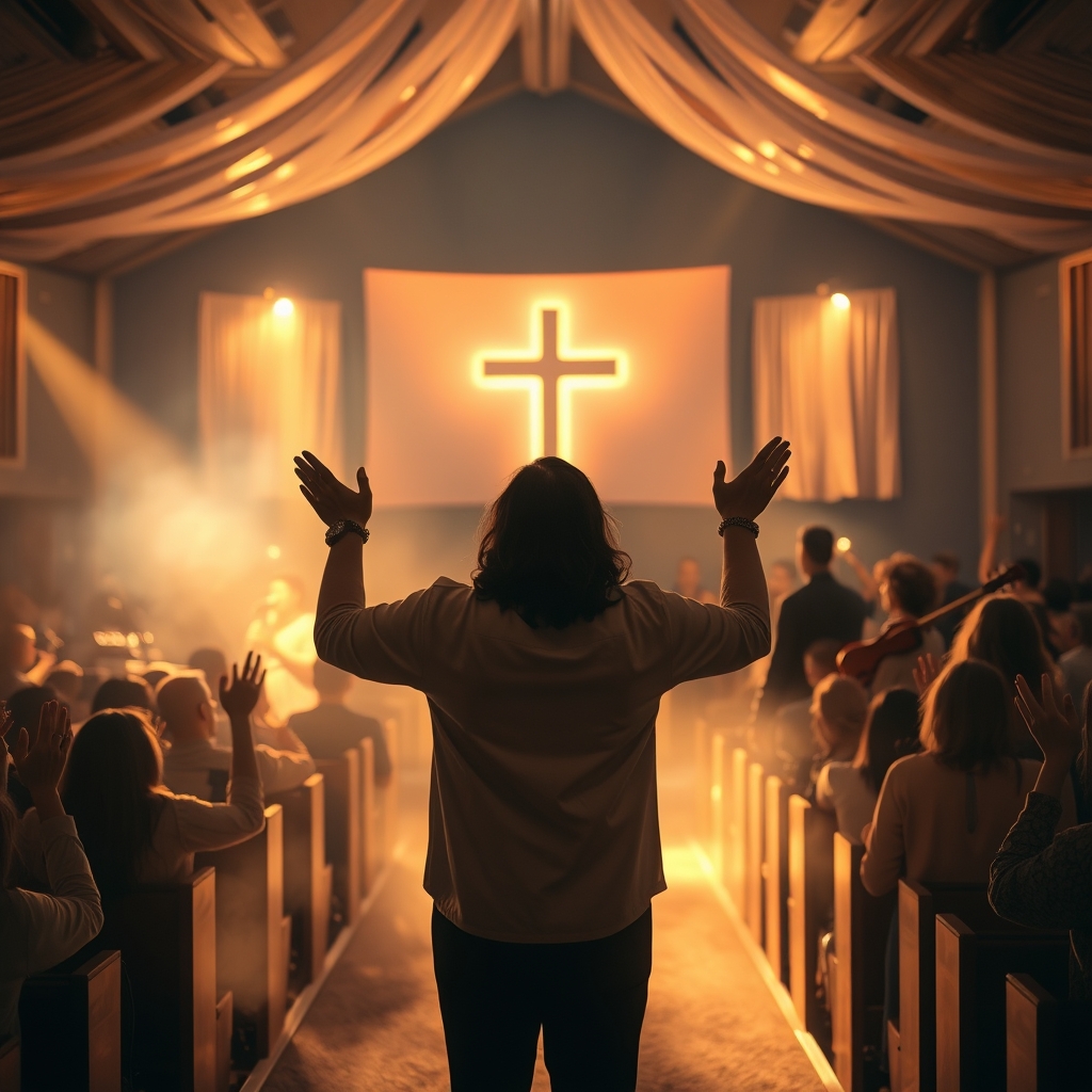 A photorealistic image of a lead singer in heartfelt worship at a contemporary church, golden evening light, raising hands and eyes closed in prayer, with worship band, congregation, and a cross backdrop visible in the sanctuary