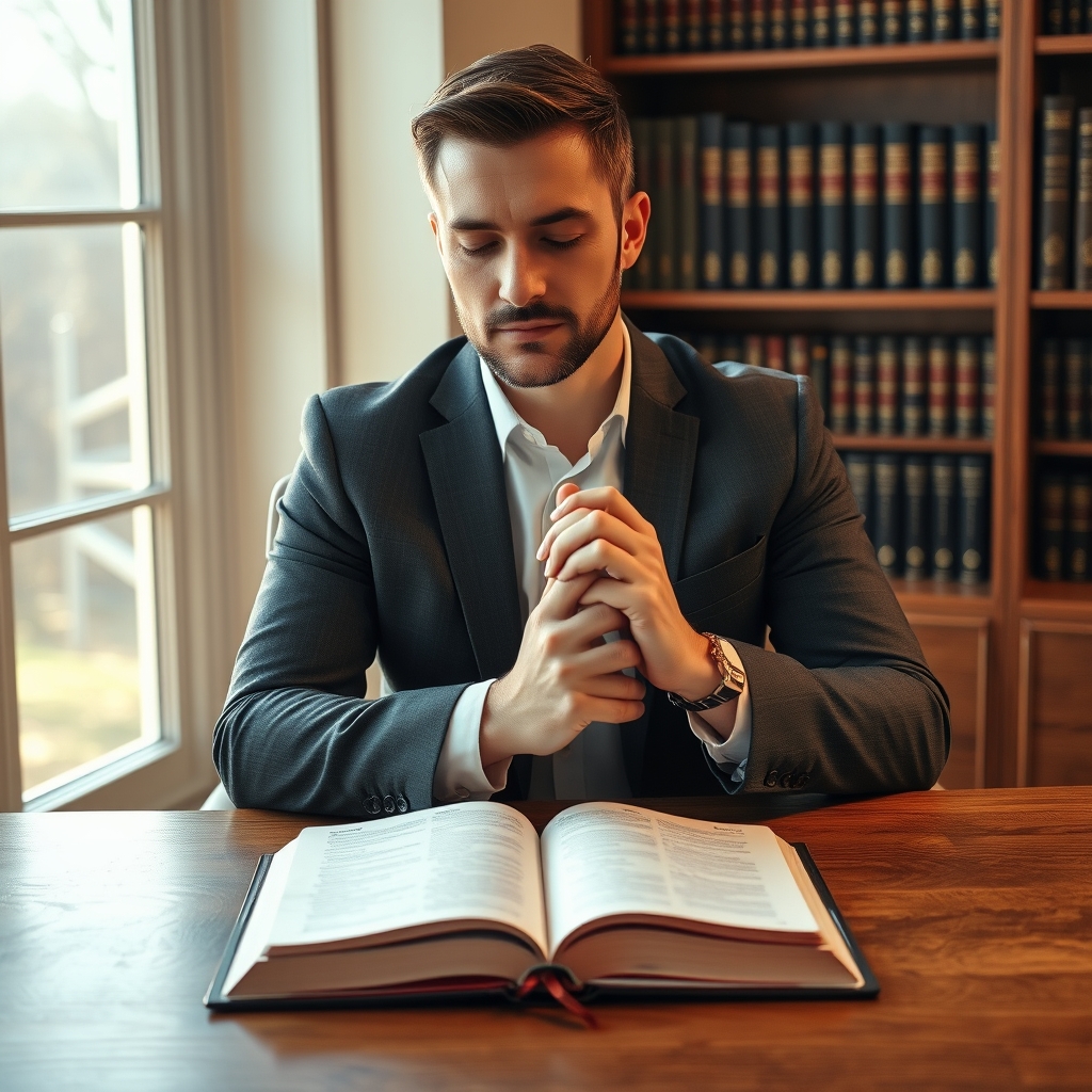 A photorealistic image of a modern Christian man praying with an open Bible in a quiet study, reflecting on biblical truth.