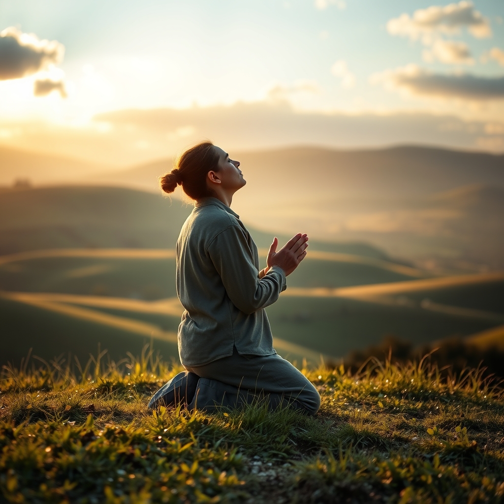 A photorealistic image of a person kneeling in prayer at sunrise on a quiet hillside, hands clasped, eyes closed in reverence.