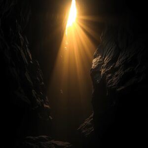 A photorealistic image of a piercing beam of golden-white light breaking through ancient dark stone and deep shadows, symbolizing Christ's divine light reaching into the depths of death, evoking themes of hope, redemption, and the triumph of light over darkness.