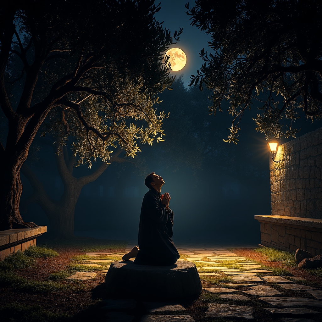 A photorealistic image of a solitary figure in a robe kneeling in prayer in an ancient olive grove at night, bathed in soft golden moonlight, conveying reverence and sacred surrender.