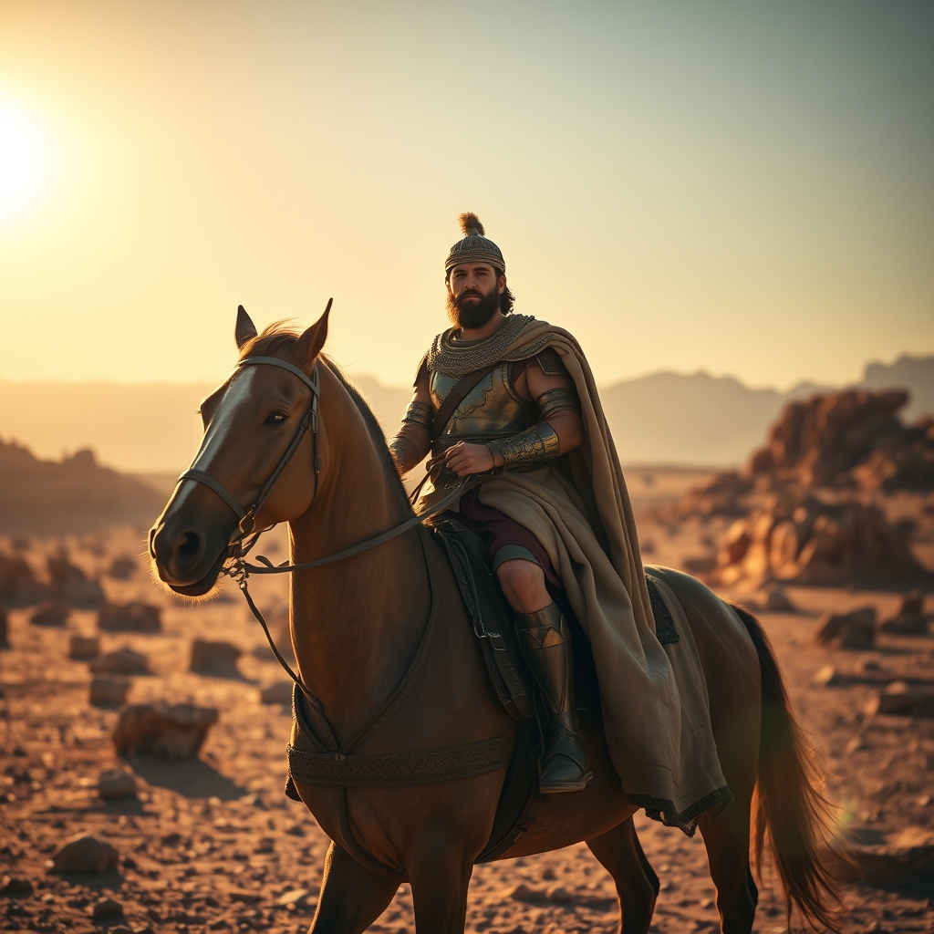 A photorealistic image of an ancient Israelite warrior on horseback in desert terrain, evoking the biblical figure of Jehu.