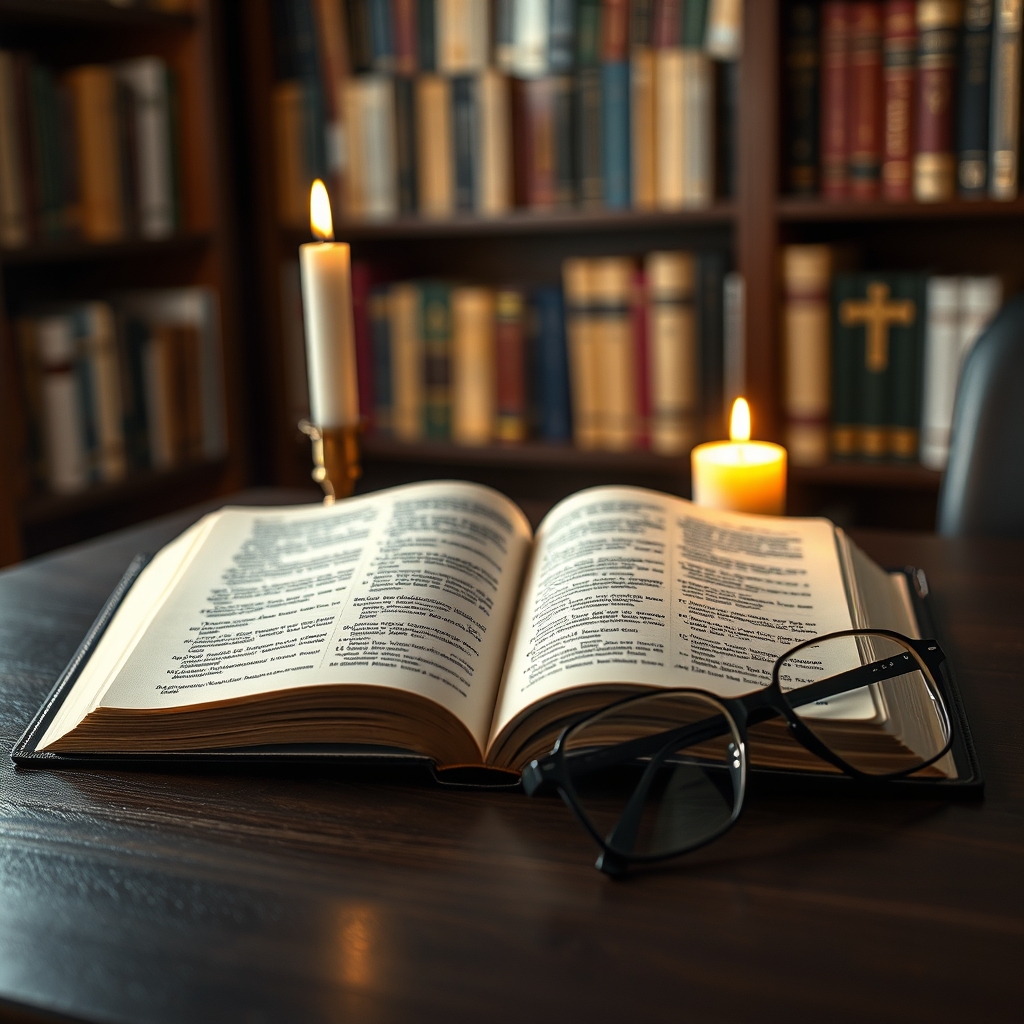 A photorealistic image of an open Bible on a wooden table with highlighted text, reading glasses, and a candle nearby, in a quiet study.
