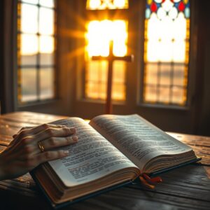 A photorealistic image of an open Bible resting on a wooden table in warm golden sunlight beside gentle hands in prayer, with a wooden cross visible in the background through a stained-glass window, evoking reverence and faith.