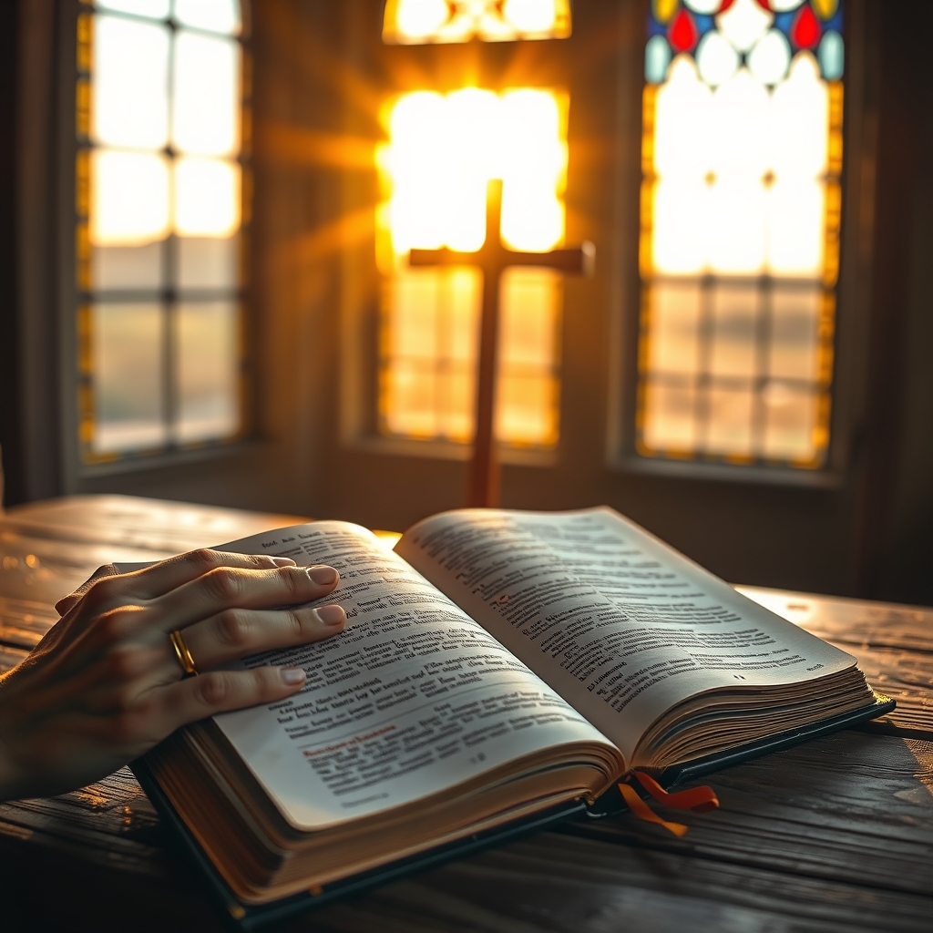 A photorealistic image of an open Bible resting on a wooden table in warm golden sunlight beside gentle hands in prayer, with a wooden cross visible in the background through a stained-glass window, evoking reverence and faith.