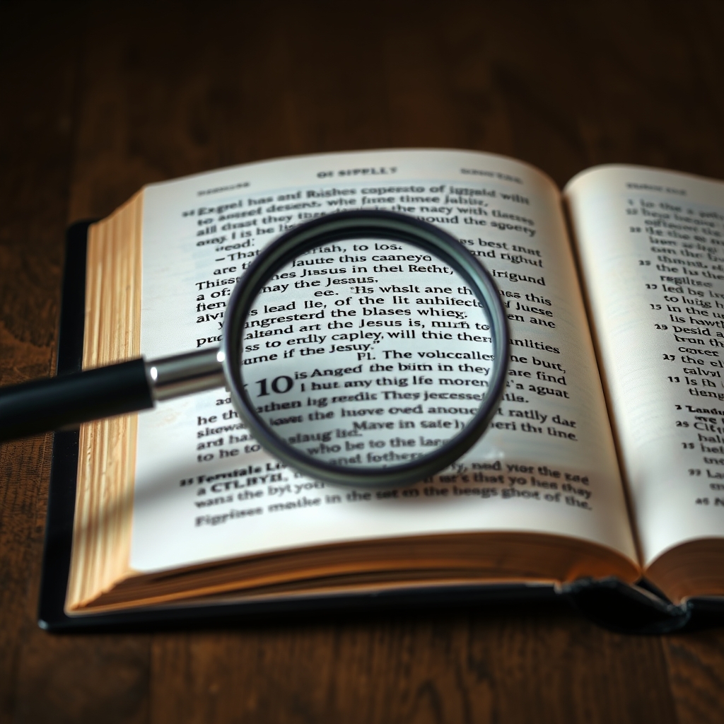 A photorealistic image of an open Bible with a magnifying glass focusing on a passage about the birth of Jesus.