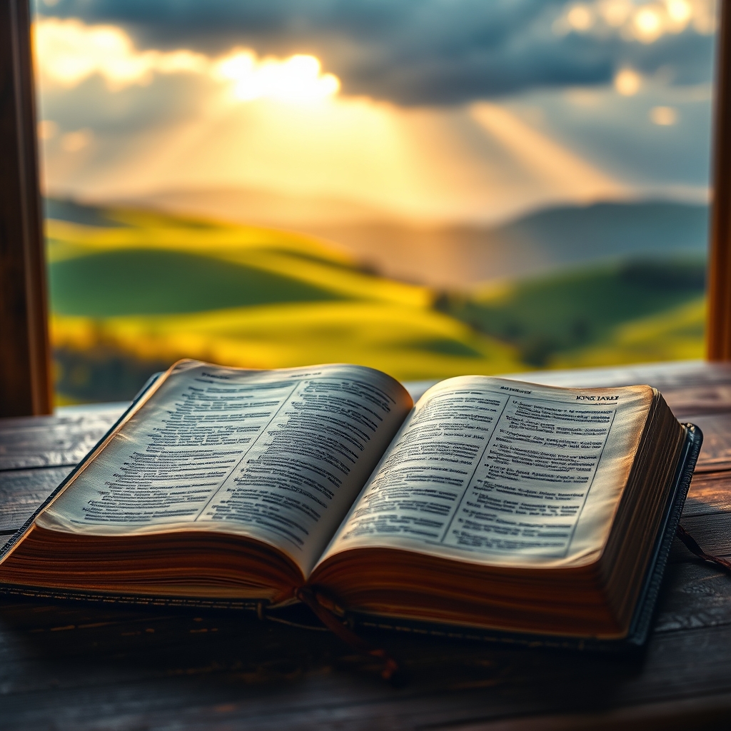 A photorealistic image of an open King James Bible on a wooden table bathed in golden sunlight, with a serene landscape and luminous sky in the background, evoking reverence and hope in anticipation of Christ's return.