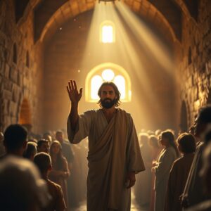 A photorealistic image of Jesus standing with commanding authority and compassion inside an ancient stone synagogue, golden light streaming through arched windows as onlookers watch in awe.