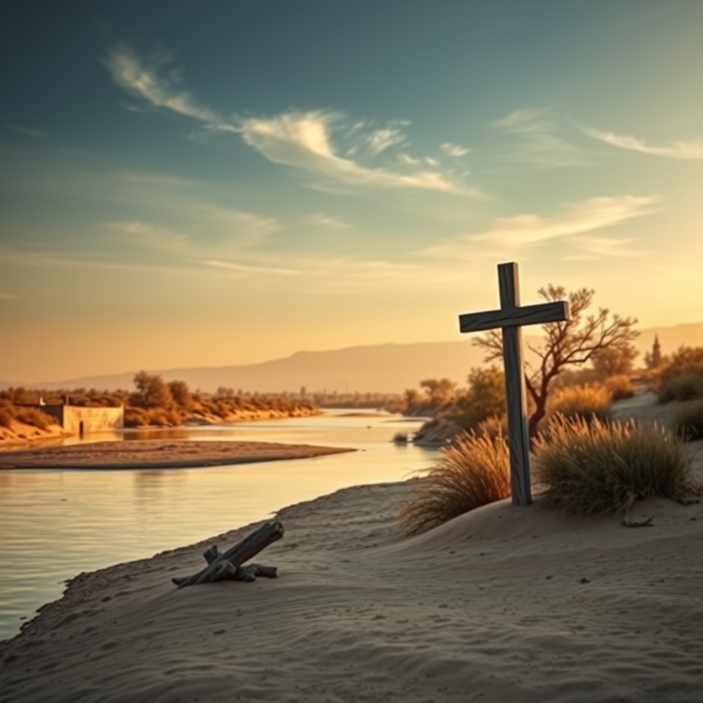 A photorealistic image of the Jordan River at sunset with a wooden cross on the bank, symbolizing the sacred site of Jesus' baptism, bathed in warm golden light evoking reverence and holy stillness.