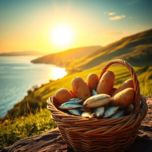 A photorealistic lakeside scene at golden hour with a basket of bread and fish on a green hillside, symbolizing the miracle of the feeding of the five thousand.